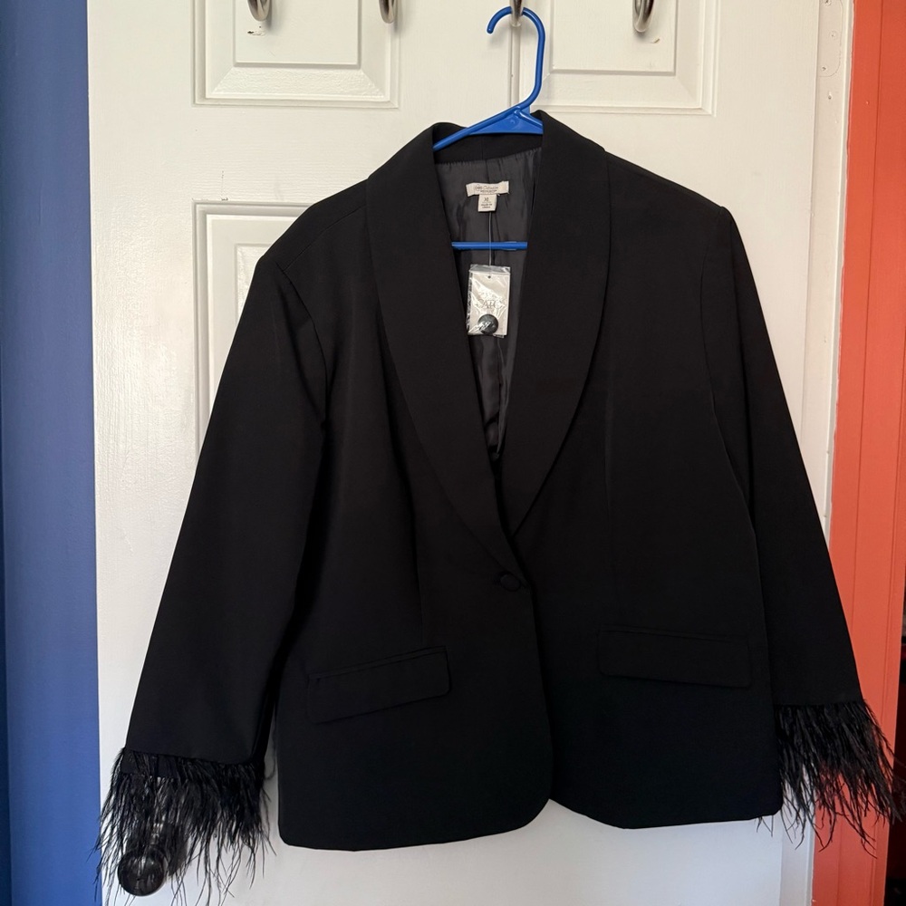 Cato Black Blazer with Feather Trim
